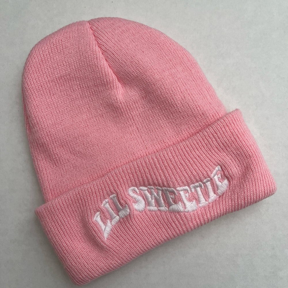 Pink Beanie with Embroidered Text